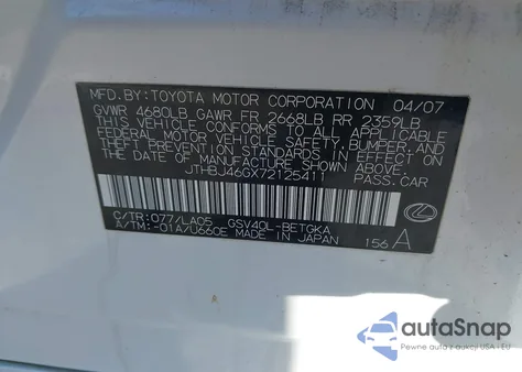 2007 Lexus Es 350 from USA, damaged, VIN JTHBJ46GX72125411